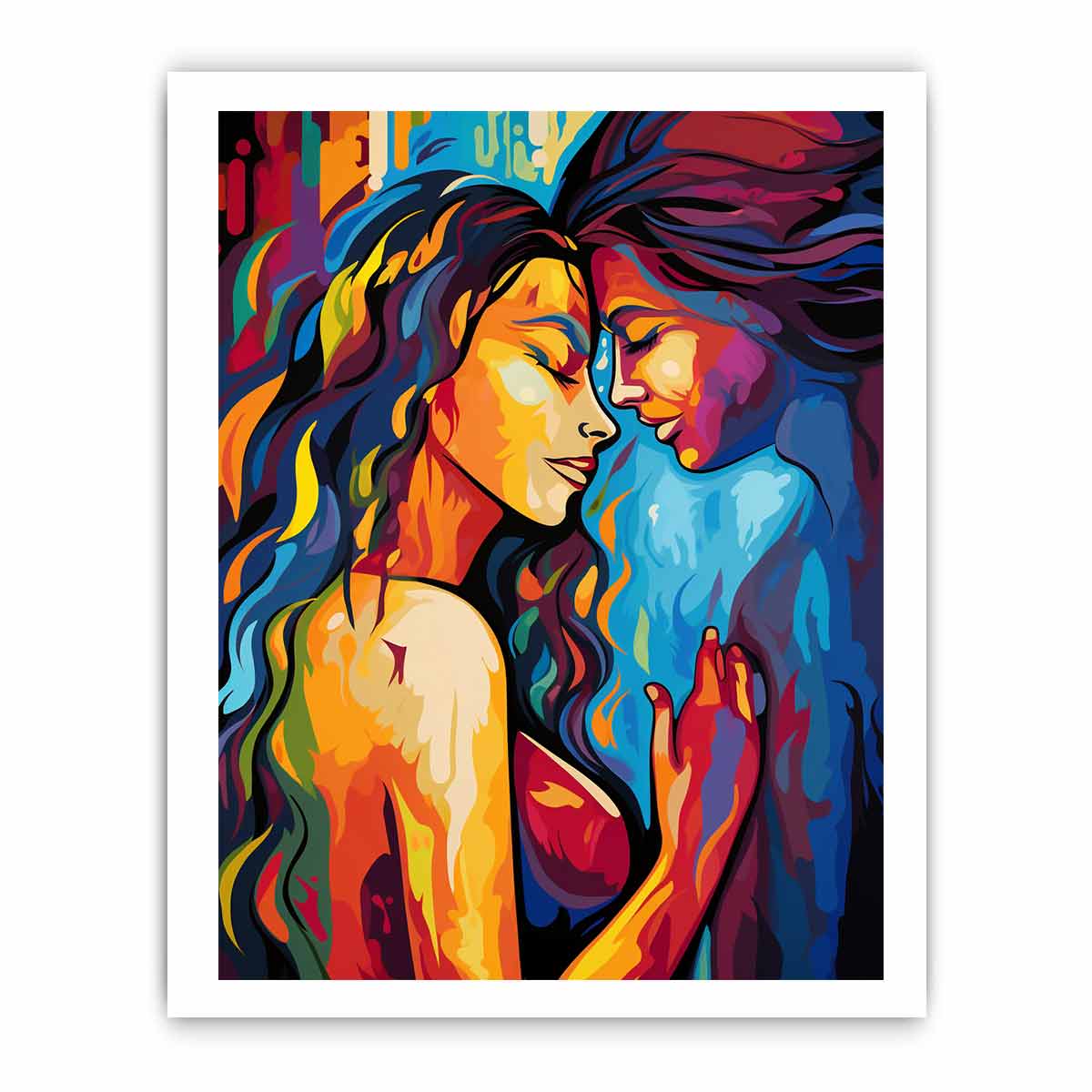 Colorful women embrace canvas art for expressive modern bedroom or living room decor.