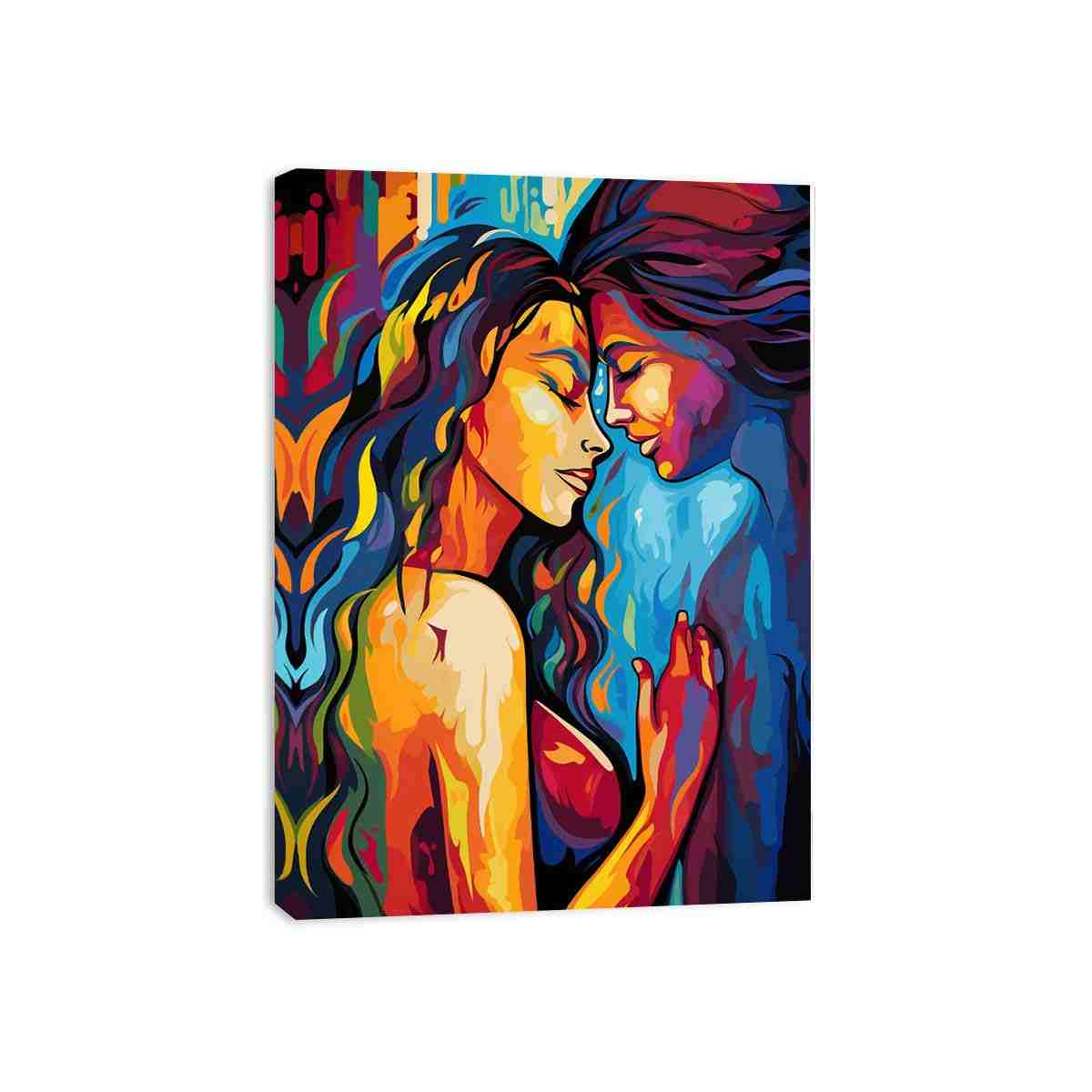 Colorful women embrace canvas art for expressive modern bedroom or living room decor.