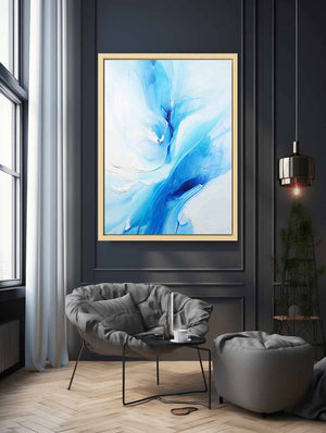 Soft blue abstract floral canvas art for serene bedroom or bathroom wall decor.