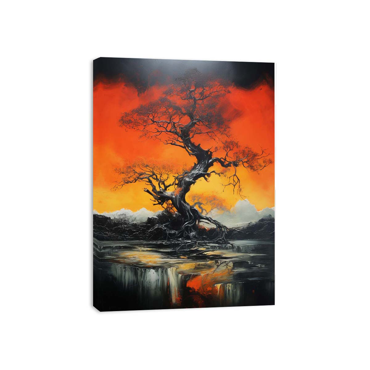 Dramatic black tree canvas art with orange sky for modern living room decor.