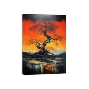 Dramatic black tree canvas art with orange sky for modern living room decor.