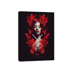 Glam red floral woman portrait canvas art for dramatic bedroom or living room decor.