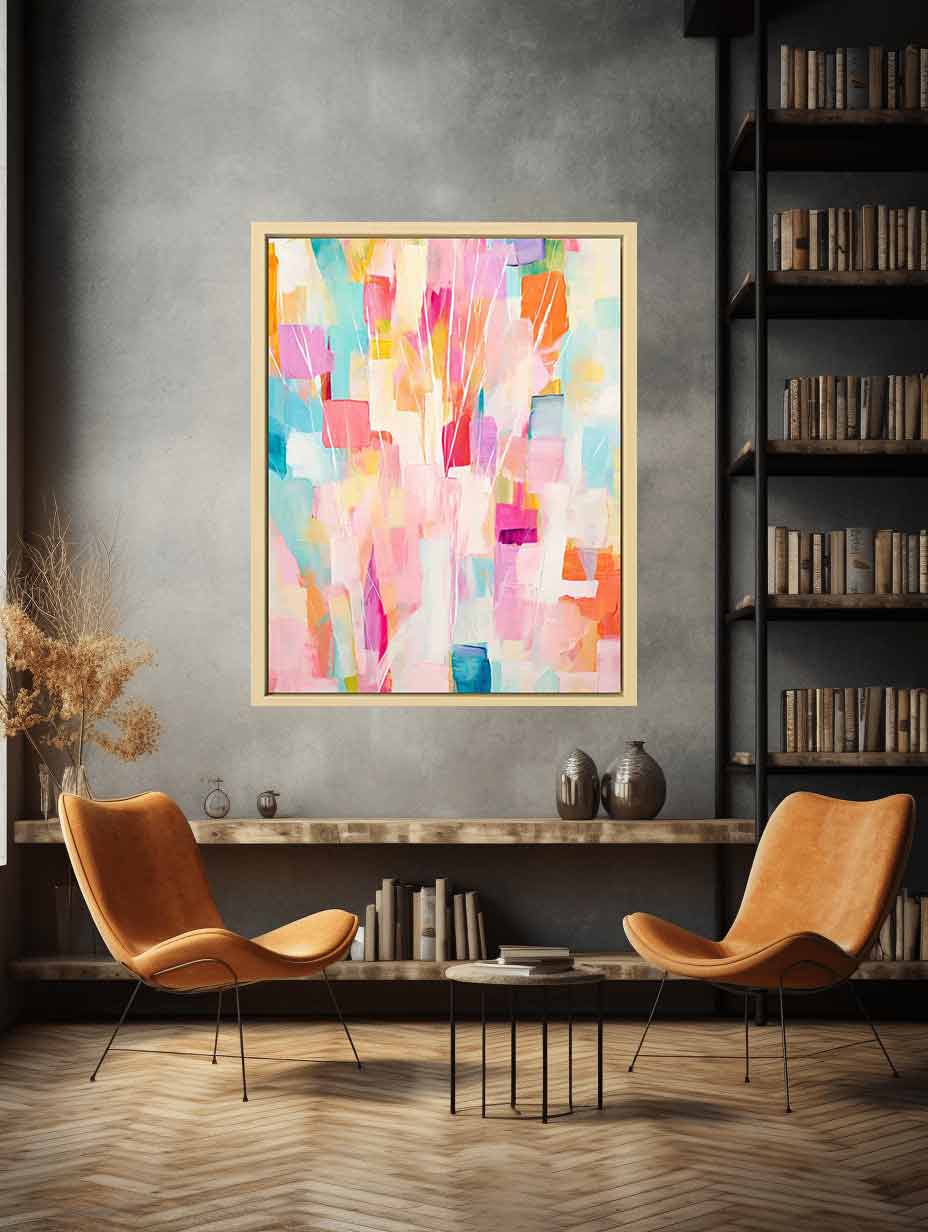 Pastel abstract floral canvas art with soft pink and aqua tones for bright home decor.