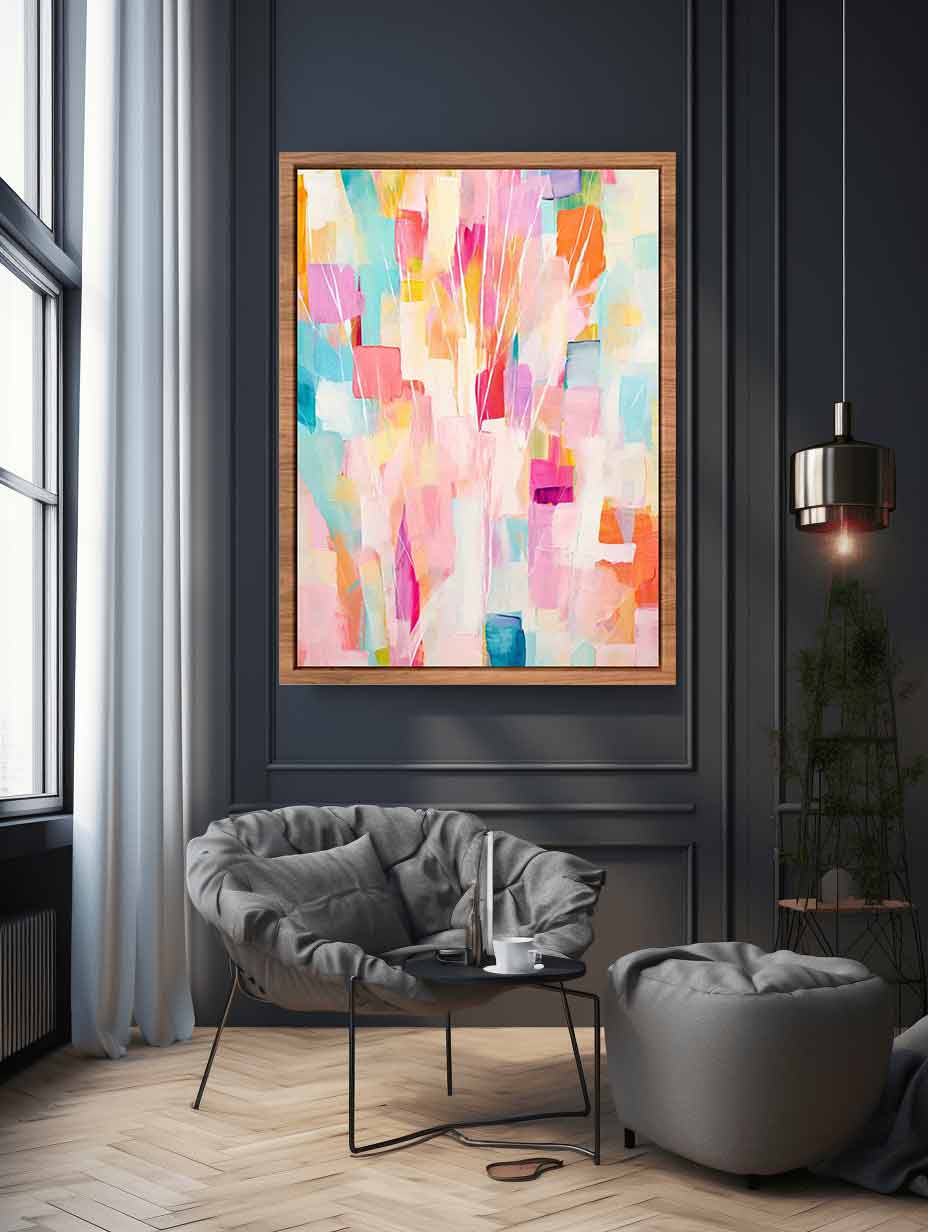 Pastel abstract floral canvas art with soft pink and aqua tones for bright home decor.