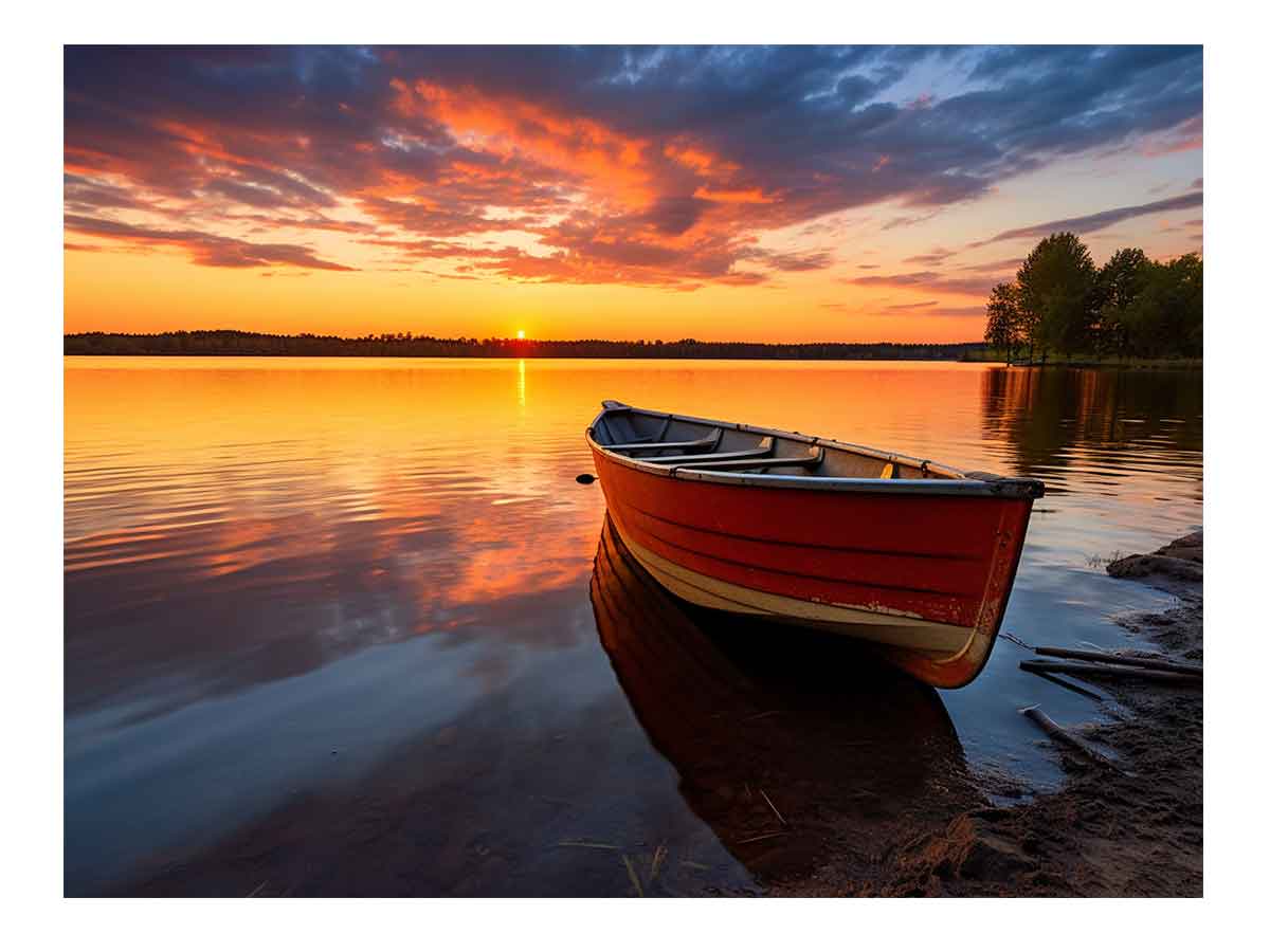 Ember Lake Rowboat sunset boat canvas for modern room decor.