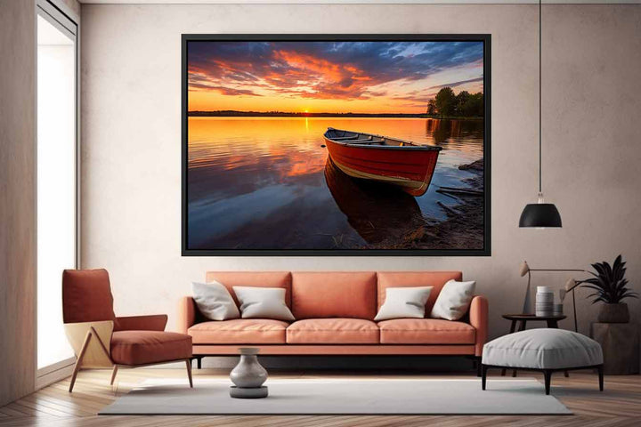 Calm  Sea With Boat At Sunset Art Print