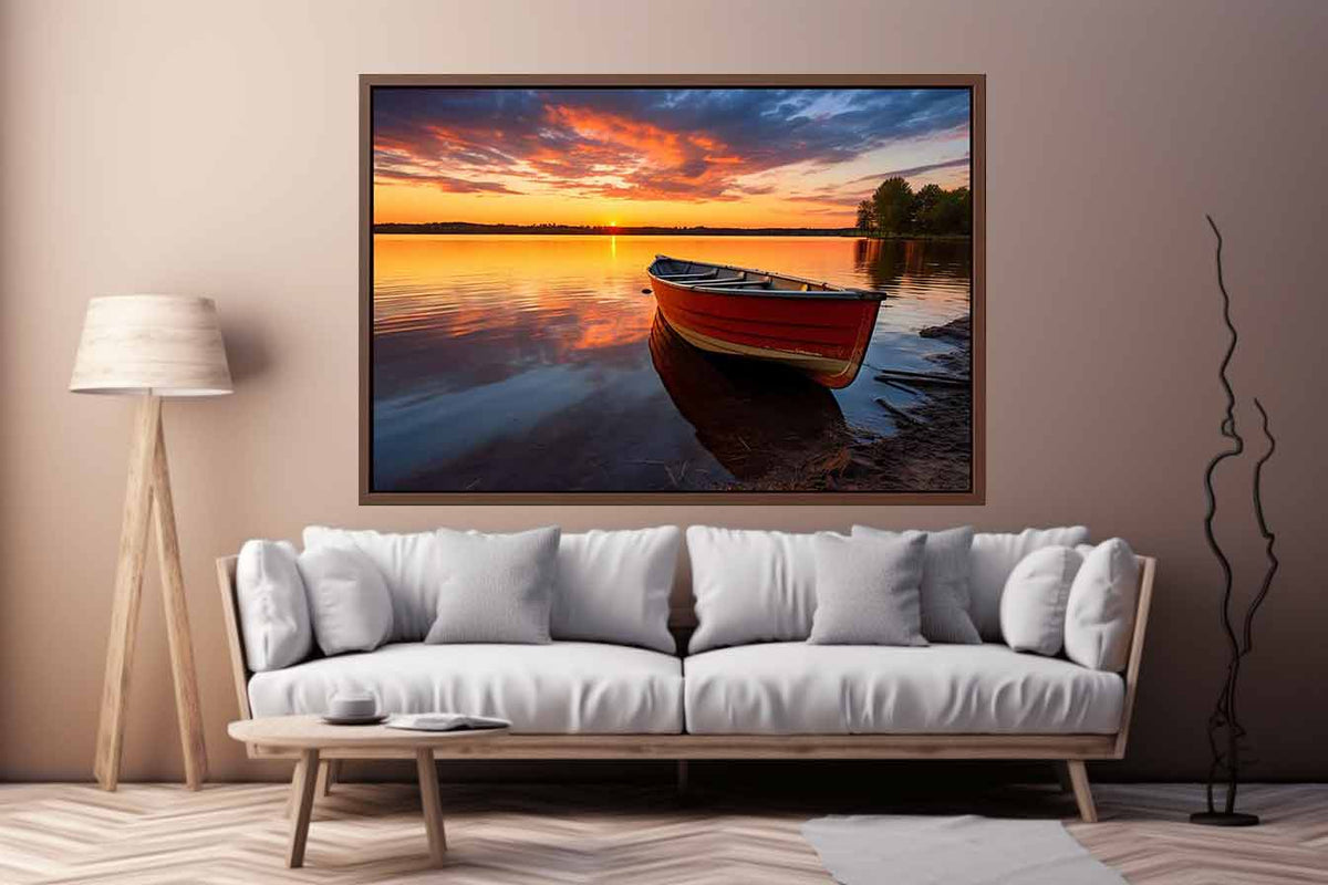 Ember Lake Rowboat sunset boat canvas for modern room decor.