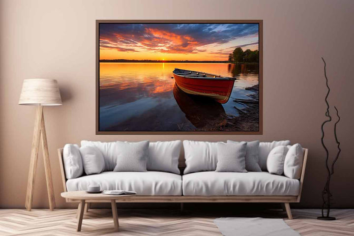Calm  Sea With Boat At Sunset Art Print