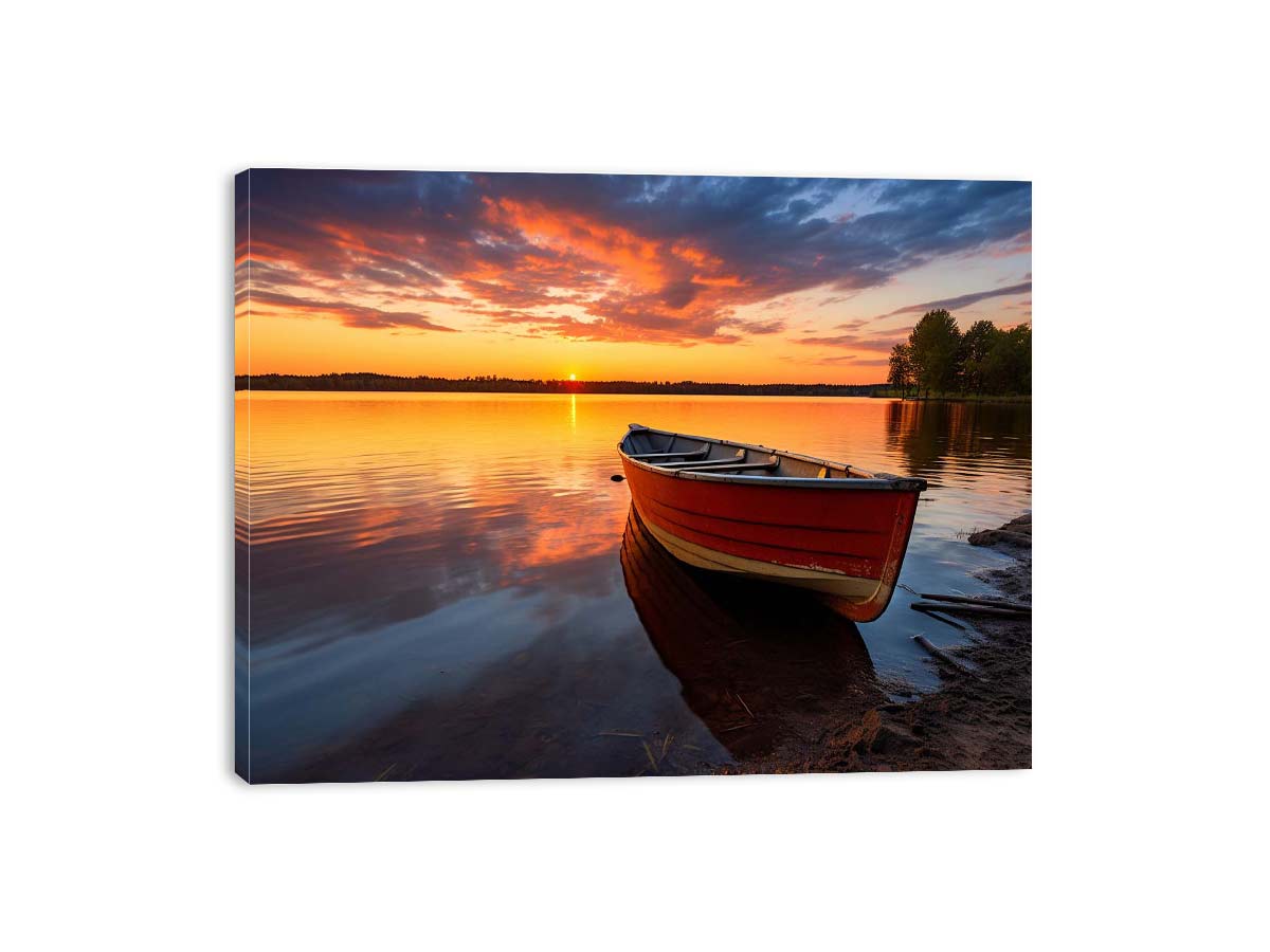 Ember Lake Rowboat sunset boat canvas for modern room decor.