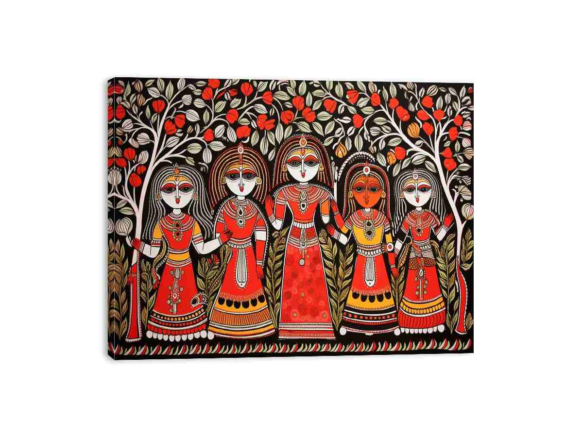 Group of folk art women under flowering trees in colorful Madhubani canvas decor.