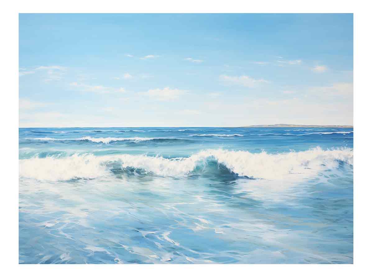 Calm blue ocean wave canvas art for modern coastal living room decor.