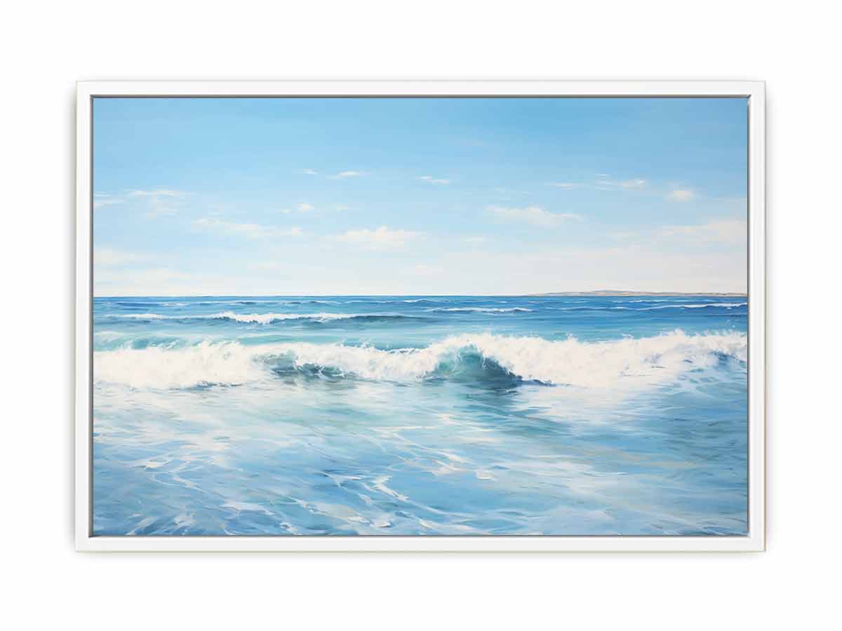 Calm blue ocean wave canvas art for modern coastal living room decor.