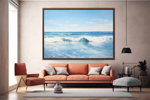 Calm blue ocean wave canvas art for modern coastal living room decor.