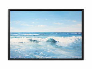 Calm blue ocean wave canvas art for modern coastal living room decor.