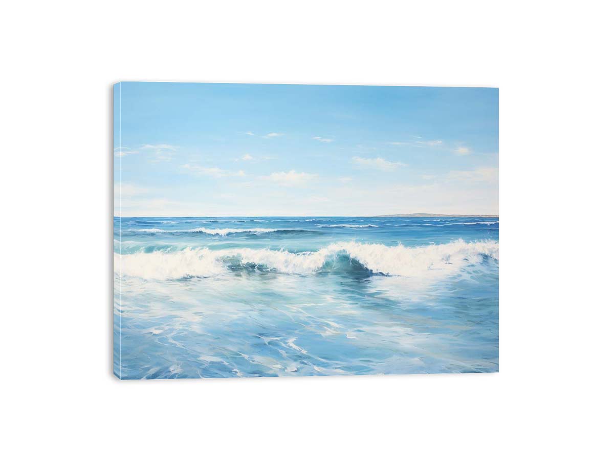 Calm blue ocean wave canvas art for modern coastal living room decor.