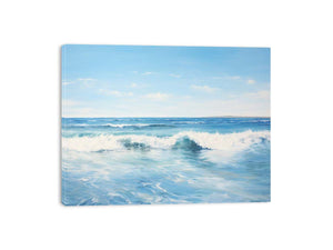 Calm blue ocean wave canvas art for modern coastal living room decor.