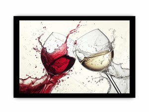 Dramatic red and white wine glass canvas art for dining room or home bar decor.
