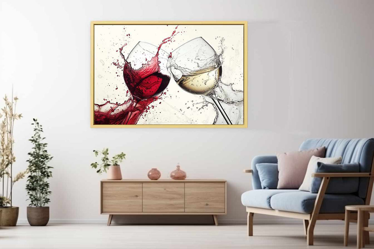 Dramatic red and white wine glass canvas art for dining room or home bar decor.