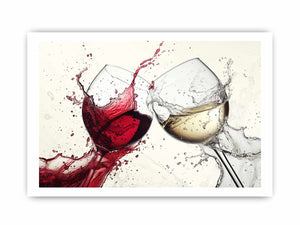 Dramatic red and white wine glass canvas art for dining room or home bar decor.