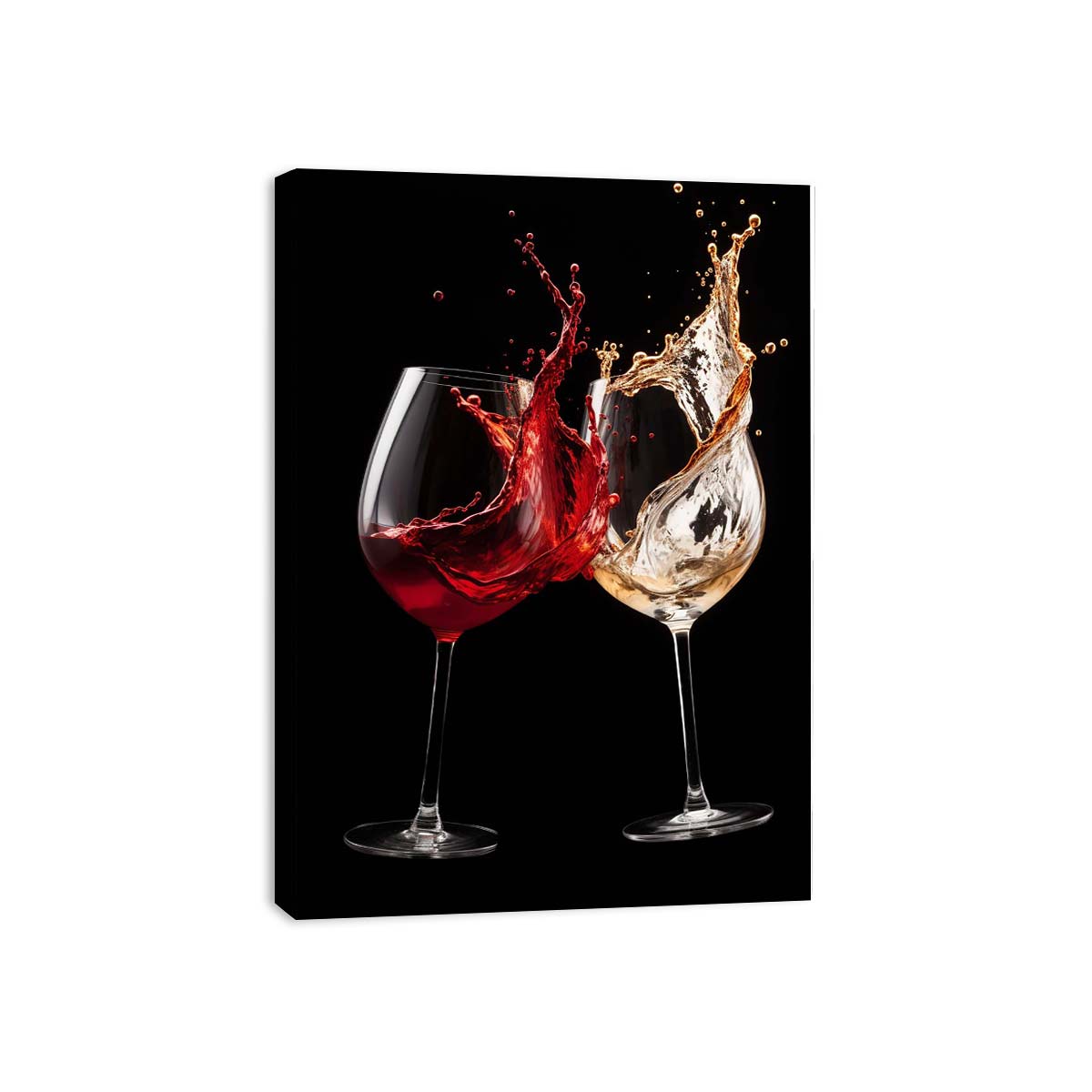 Dramatic red and white wine glass canvas art for dining room or home bar decor.