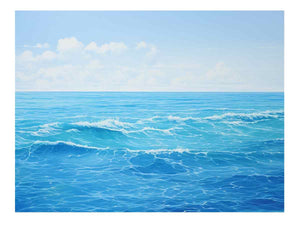 Bright blue ocean canvas art with soft waves for coastal bedroom or living room decor.