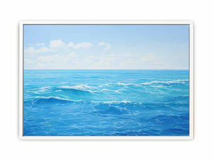 Bright blue ocean canvas art with soft waves for coastal bedroom or living room decor.