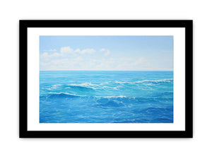 Bright blue ocean canvas art with soft waves for coastal bedroom or living room decor.