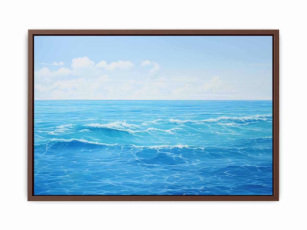 Bright blue ocean canvas art with soft waves for coastal bedroom or living room decor.