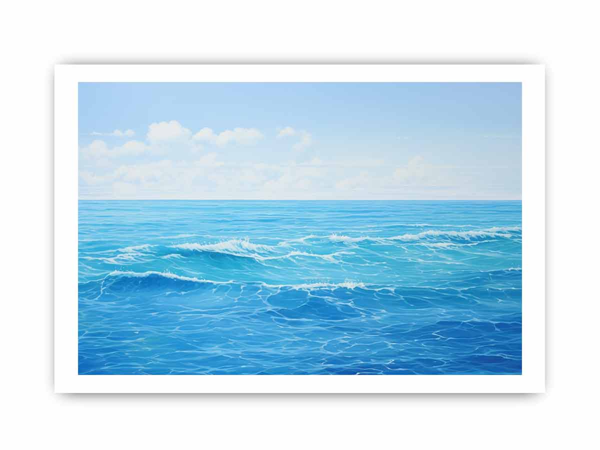Bright blue ocean canvas art with soft waves for coastal bedroom or living room decor.