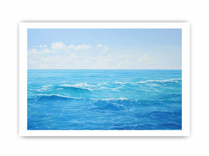Bright blue ocean canvas art with soft waves for coastal bedroom or living room decor.