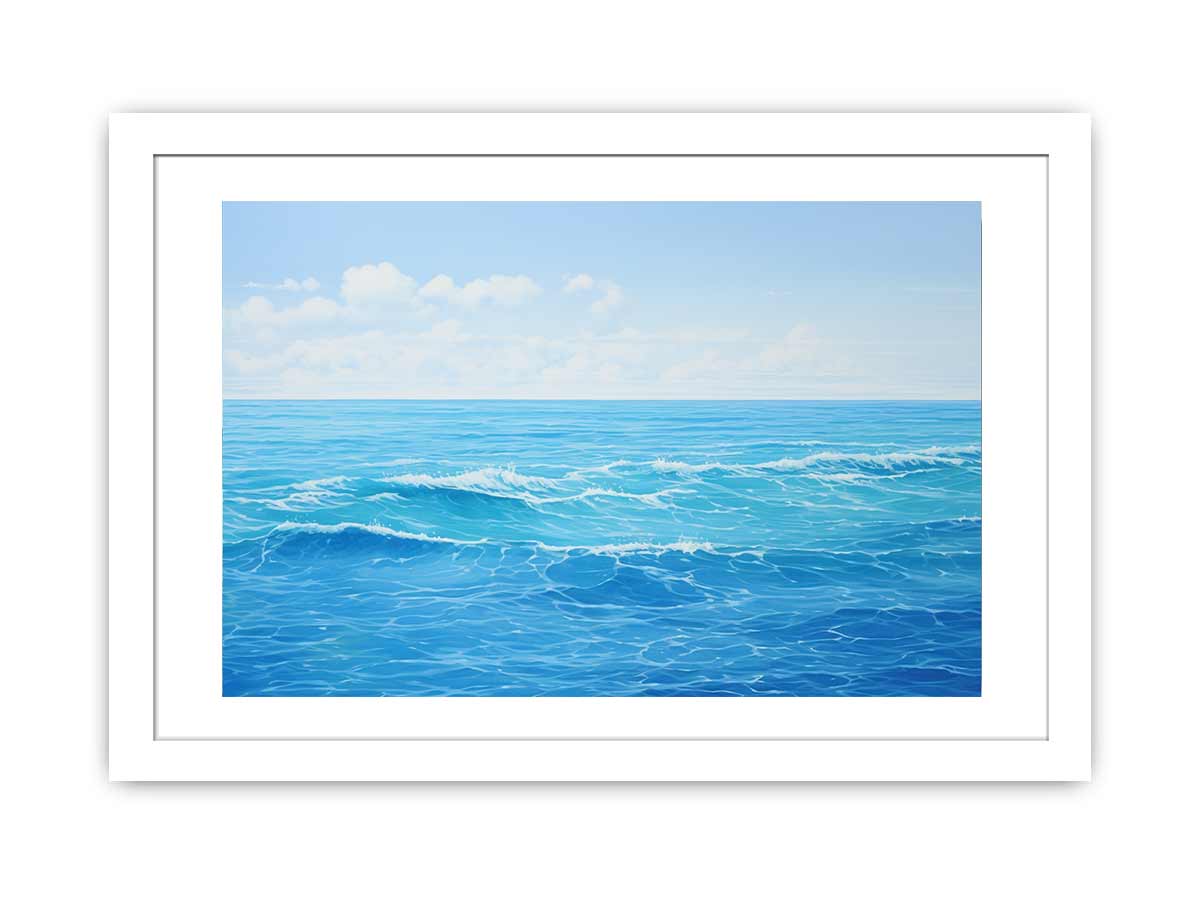 Bright blue ocean canvas art with soft waves for coastal bedroom or living room decor.