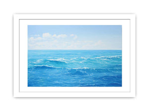 Bright blue ocean canvas art with soft waves for coastal bedroom or living room decor.
