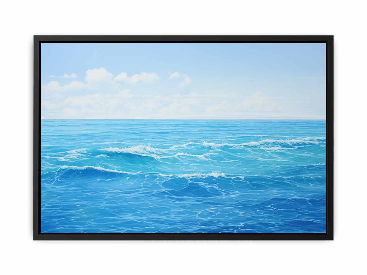 Bright blue ocean canvas art with soft waves for coastal bedroom or living room decor.