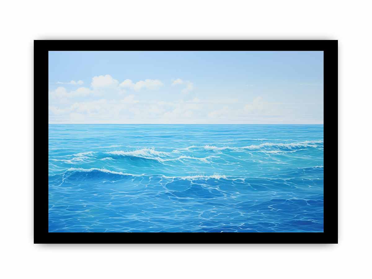 Bright blue ocean canvas art with soft waves for coastal bedroom or living room decor.