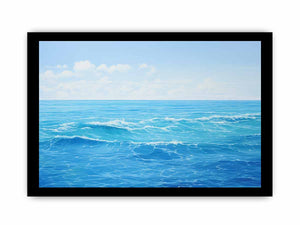 Bright blue ocean canvas art with soft waves for coastal bedroom or living room decor.