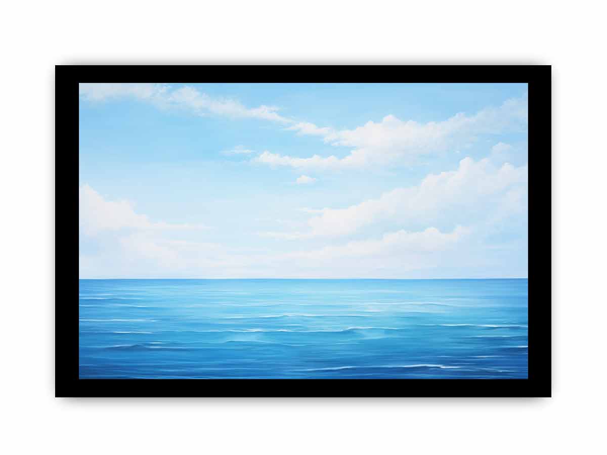 Minimal blue ocean horizon canvas art for serene modern bedroom decor.