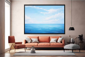 Minimal blue ocean horizon canvas art for serene modern bedroom decor.
