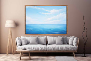 Minimal blue ocean horizon canvas art for serene modern bedroom decor.