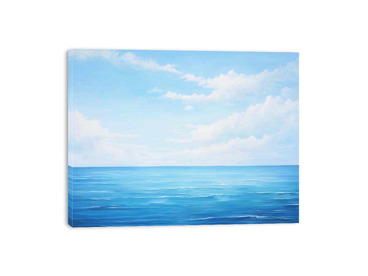 Minimal blue ocean horizon canvas art for serene modern bedroom decor.