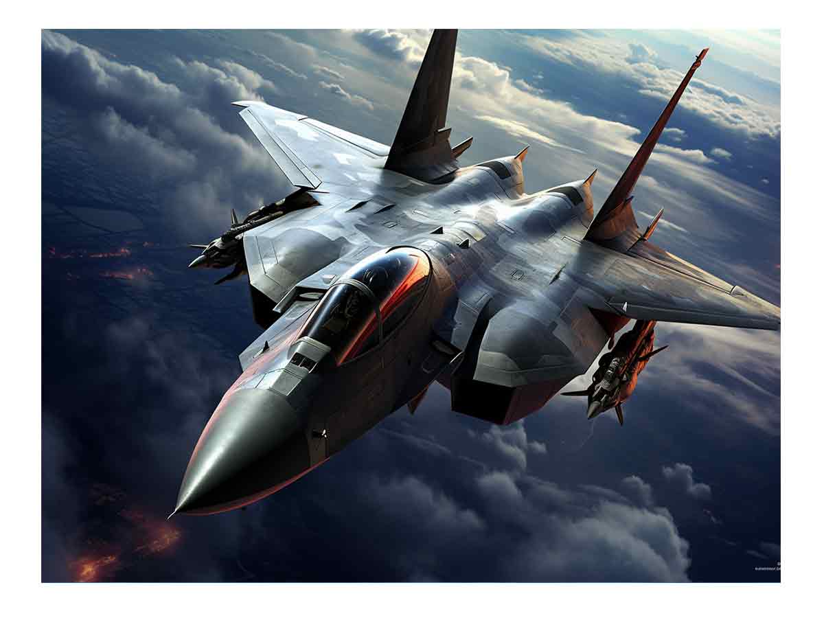 Dramatic fighter jet canvas art for modern office or man cave wall decor.