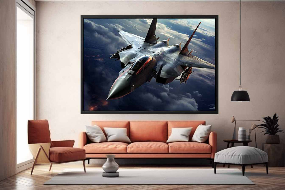 Dramatic fighter jet canvas art for modern office or man cave wall decor.