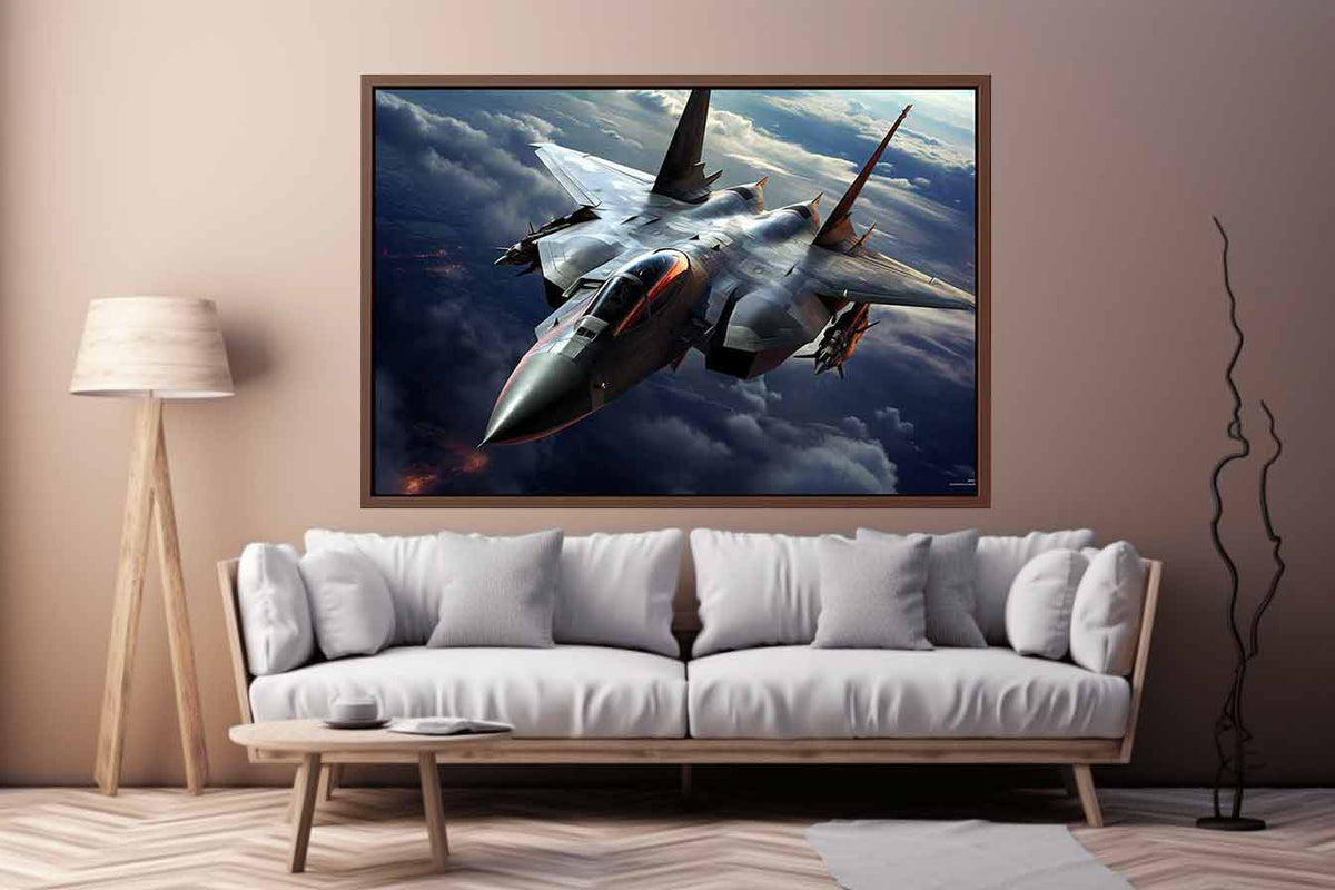 Dramatic fighter jet canvas art for modern office or man cave wall decor.