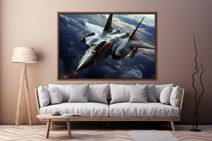Dramatic fighter jet canvas art for modern office or man cave wall decor.