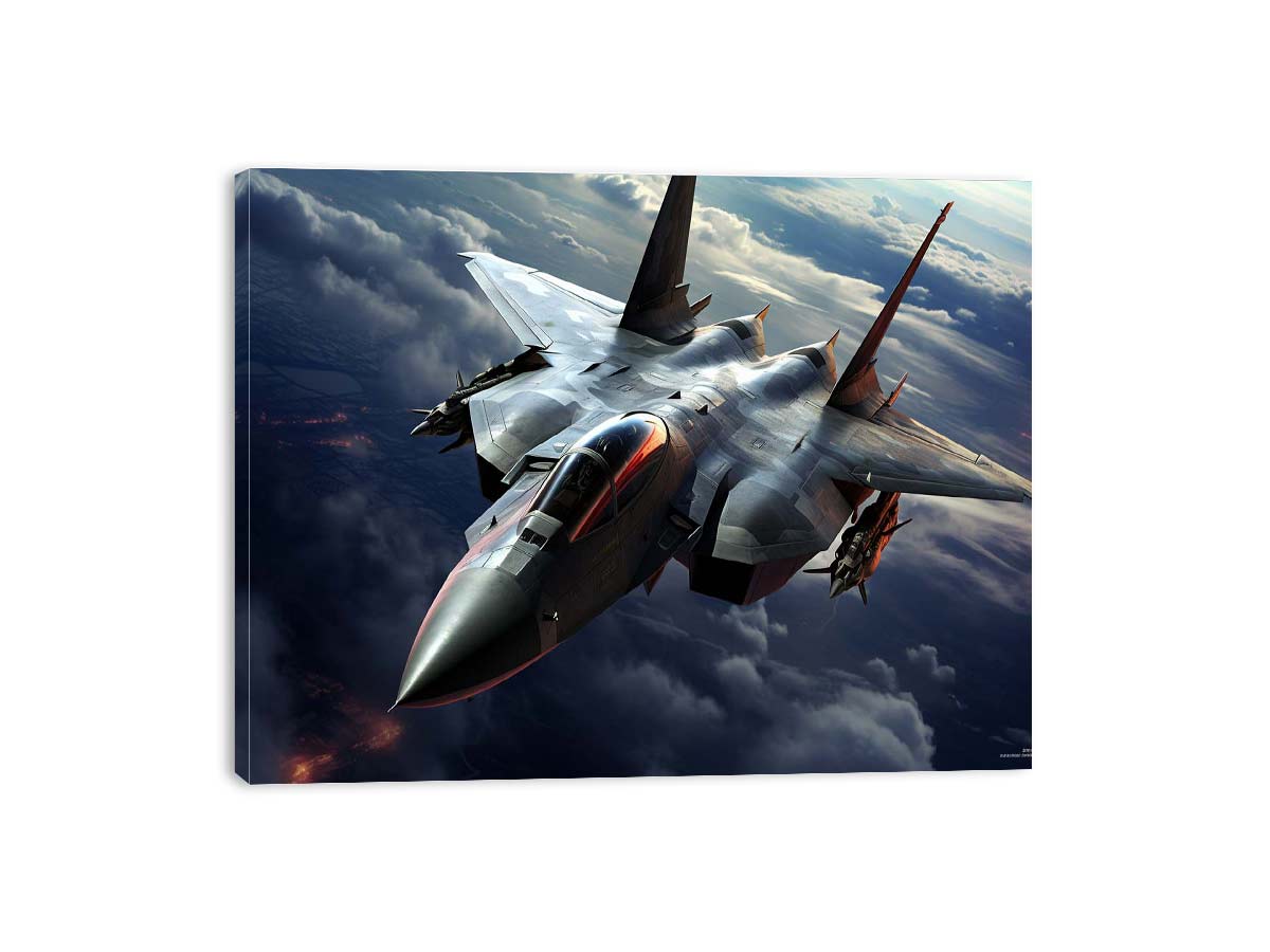 Dramatic fighter jet canvas art for modern office or man cave wall decor.