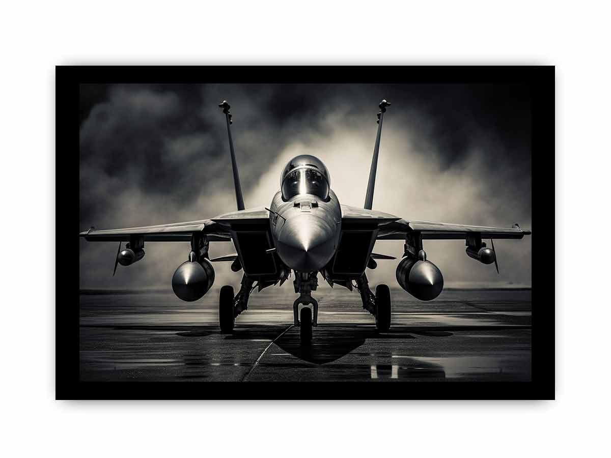 Moody front view fighter jet canvas art for industrial office or man cave decor.