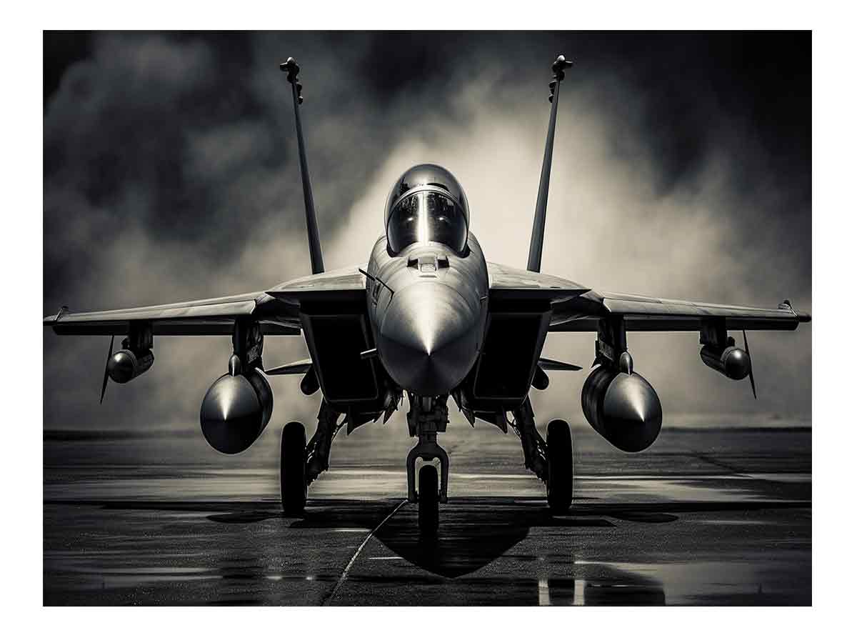 Moody front view fighter jet canvas art for industrial office or man cave decor.
