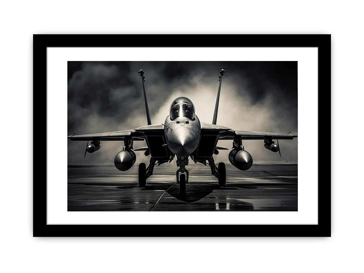 Moody front view fighter jet canvas art for industrial office or man cave decor.