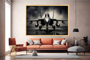 Moody front view fighter jet canvas art for industrial office or man cave decor.