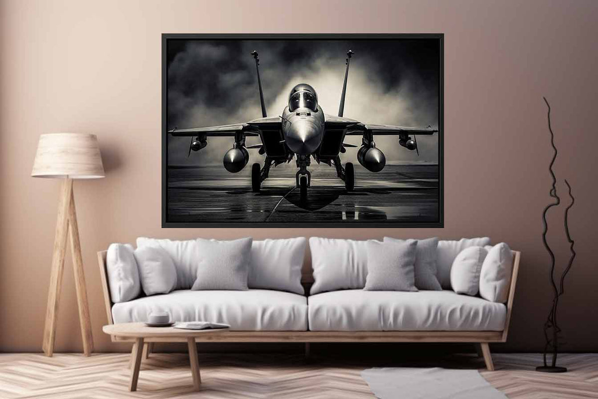 Moody front view fighter jet canvas art for industrial office or man cave decor.