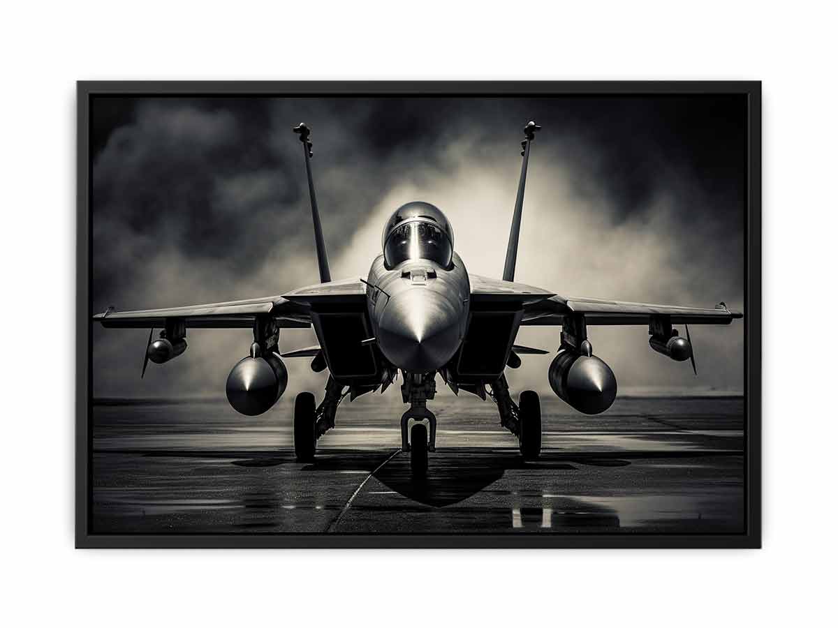 Moody front view fighter jet canvas art for industrial office or man cave decor.
